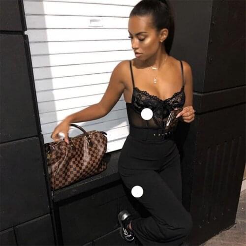 Women Sexy Lace Hem Bodysuit V-neck Sleeveless See-through Black/ Red/ White For Summer Daily life Seaside Beach