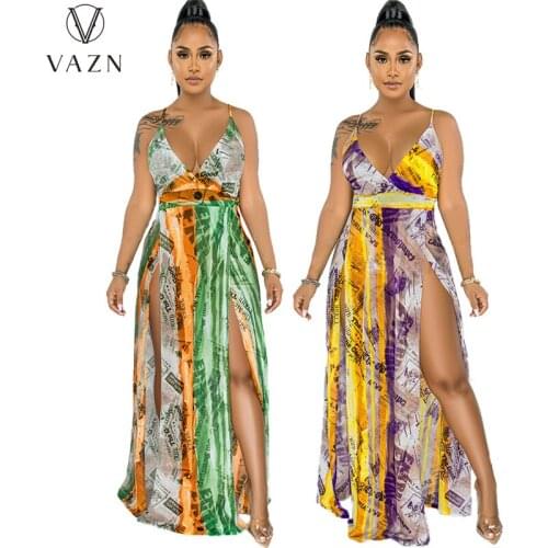 VAZN 2021 Backless High-end Vintage Print Chiffon Bohemian Wind Halter Off Shoulder Sexy Vacation Women For Maxi Dress