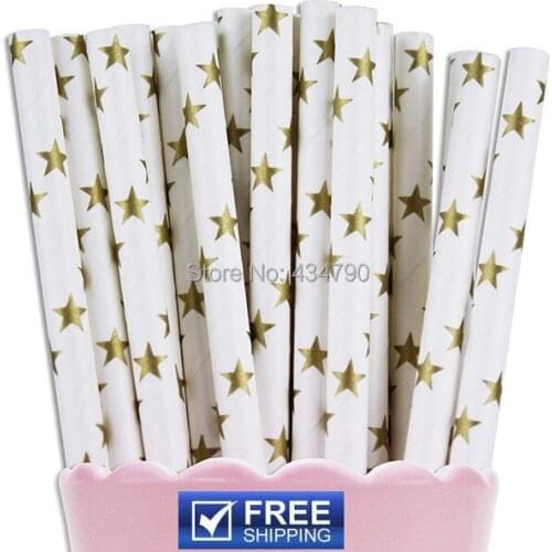 200pcs Metallic Gold Star Paper Straws in Bulk,Christmas Cake Pop Sticks,New Years Gala, Wedding Party Supplies Decorations