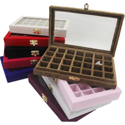 240*150*30mm Gray 28 Booths Velvet Carrying Case with Glass Cover Jewelry Ring Display Box Tray Holder Storage Box Organizer