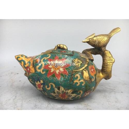 7'' red copper cloisonne enamel Flower design carved Bird pot teapot cup statue