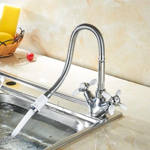 White Brass Mixer Cold Hot Kitchen Sink Faucet 2 Handle Single Hole Mixer Water Tap Vegetable Spray Taps XBT-2601Kitchen Faucets