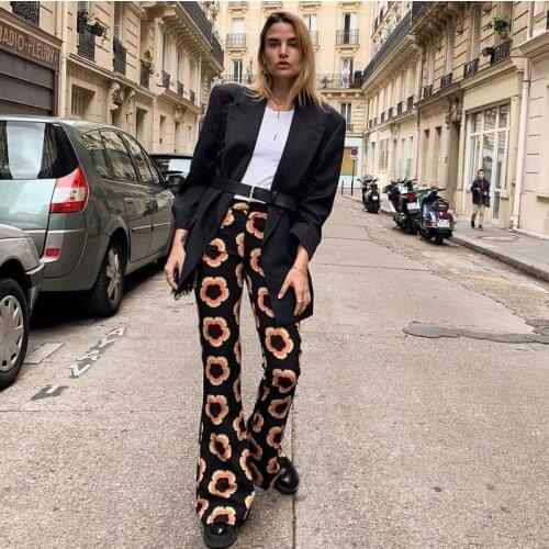 Autumn womens casual trousers new multicolor printing high waist bag hip fashion casual wide-leg flared pants plaid pants