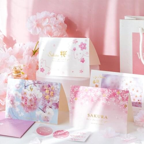 Dimi 4 Pcs/Design Sakura Story Bronzing Greeting Cards With Envelope Invitation Thanksgiving Blessings Message Holiday Gift Card