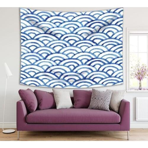 Tapestry Waves Fish Scales Watercolor Retro Doodle Style Artwork Blue White