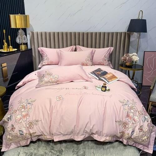 Luxury Pink American Style Flowers Butterfly Embroidery Egyptian cotton Bedding Set Duvet Cover Flat/Fitted Sheet Pillowcases