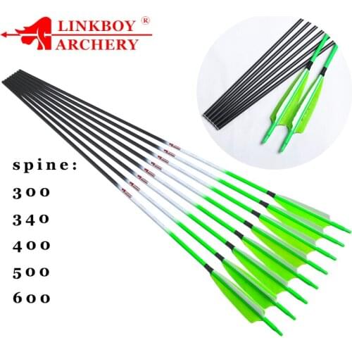 Linkboy Archery 12pcs 100% Pure Arrow Carbon ID6.2mm Spine300-600 5inch Turkey Archery Feather Compound Traditional Bow Hunting
