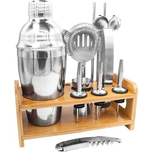 Cocktail Boston Shaker Set Bartender Stainless Steel Wine Mixer 750/550ml Barware Kit Party Accessories with Wooden Base 13pcs