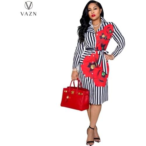 VAZN 2021 New Fashion Hot Sale Women Street Casual Style Long Dresses Long Sleeve Lapel Dresses Printed Shirt Mid Long Dresses