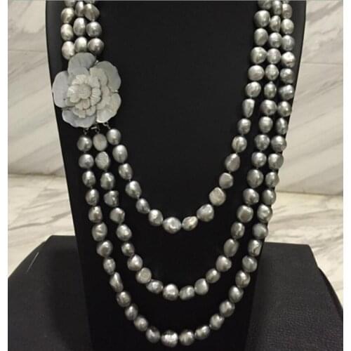 NEW HandNEW 3rows knotted Autumn winter essential 9-10mm Natural gray freshwater pearl necklace 20inches