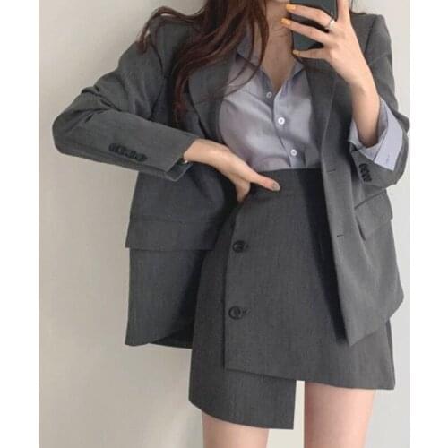 OL Loose Back Split Lapel Blazer Jacket Grey Tops Sexy High Waist Single Breasted Irregular Skirt Black Suit Fashion Sets