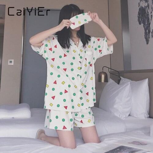 CAIYIER 2021 Casual Cute Pijamas Women Short-Sleeved Cartoon Printing Sleepwear Suit Girl Pyjamas Homewear Two Piece Set Summer
