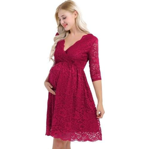 Women Maternity Elegant Floral Lace Overlay V-neck Three Quarter Sleeve Pregnant Photography Dress Pregnancy Party Evening Dress