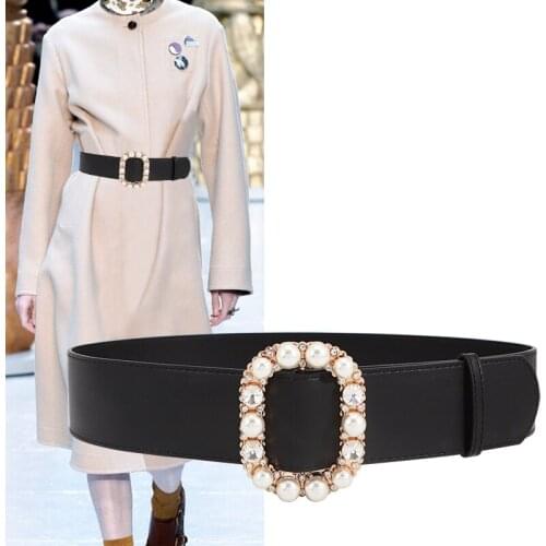 Pearl Belt Gold Big No Pin Buckle Waist Belts For Women HOT Faux Leather Black Strap Jeans Coat Cinturon Mujer Dress Waistbands