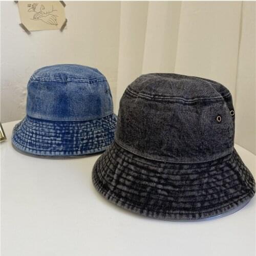 Foldable Washed Denim Washed Bucket Hats Cotton Solid Color Fisherman Caps Women Outdoor Sunscreen Fishing Hunting Hat Beach Cap