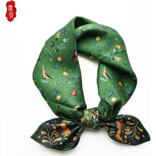 Army green luxury natural silk scarf women printed bird 100% real silk twill scarves wrap shawl square 65cm bandana lady bufanda