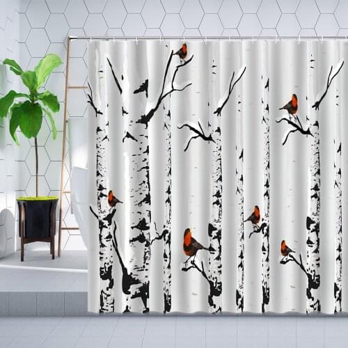 Modern Black White Trunk Shower Curtain Forest Birch Branch Bird Bathroom Decoration Polyester Cloth Hanging Curtains Set Hooks