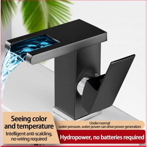 LED Waterfall Bathroom Basin Faucet Cold Hot Water Temperature Control Three-Color Color Change Powered By Water Flow Sink Tap