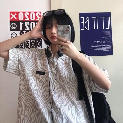 Korea Harajuku Leopard Zebra Stripe Vacation Couple Short Sleeve Tee Shirt Women Kpop Grunge Clothes Gothic 90s Aesthetic Tops