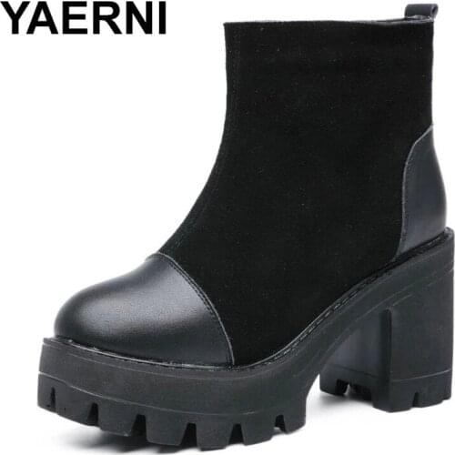 YAERNI Fashion Autumn Winter Cow Suede Ankle Boots Women Genuine Leather Black Platform Boots For Women Warm Thick Heel Shoes