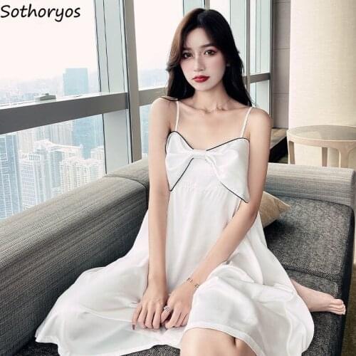 Women Spaghetti Strap Sleepshirts Bow Sexy Loose Cozy Fashionable Backless Nightgowns Summer Females Lounge Home Ulzzang Popular