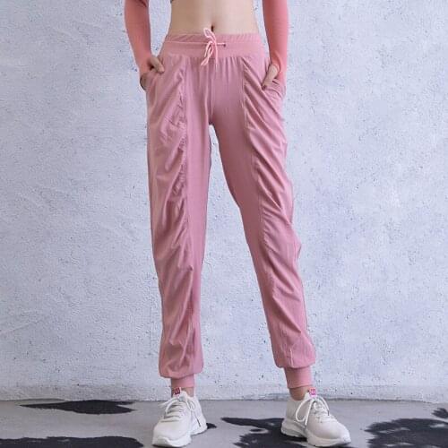 Autumn Winter Leggings Women Loose Breathable Lace Up Sports Pants Thin Yoga Running Fitness Pants Pocket Wrinkle Outdoor Pants