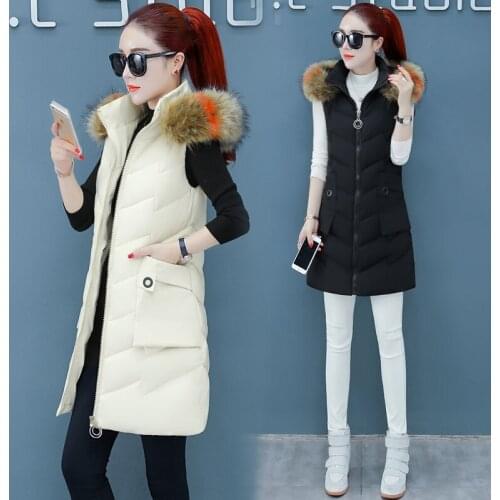 Women Vest Winter Down Jacket 2020 New Pocket Fur Hooded Coat Warm Casual Cotton Padded Long Vest Female Sleeveless Waistcoat