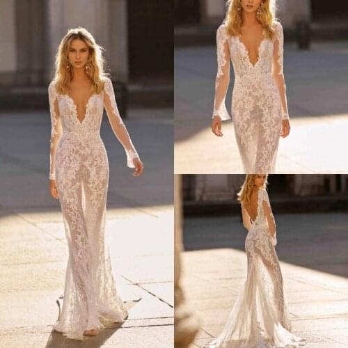 Mermaid Wedding Dresses Deep V Neck Sweep Train Appliques Lace Backless Country Wedding Dress Custom Made Long Robe De Mariee