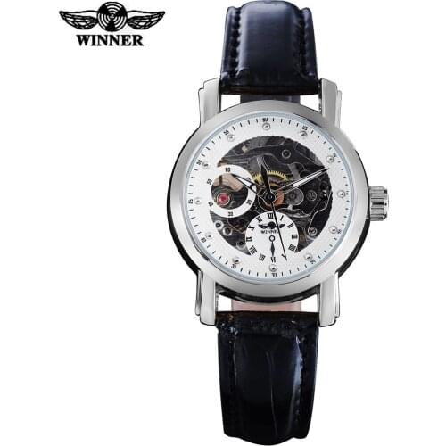 2016 WINNER china brand women watch simple automatic self wind watch skeleton dials transparent glass silver case leather band