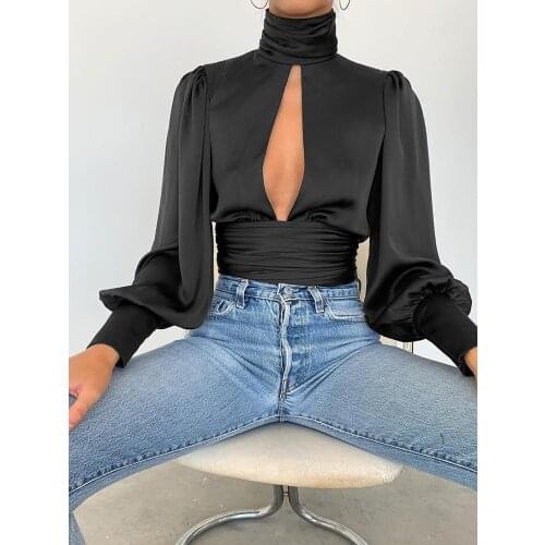 2021 New Spring Trendy High Neck Backless Blouse Women Clothing Solid Sexy Keyhole Backless Long Flare Sleeve Top Shirts
