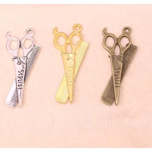 25pcs Mixed Antique Silver Gold Charms barber scissor comb stylist,Antique Making pendant fit DIY bracelet necklace 24*53mm