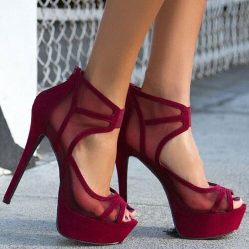 Summer Women Platform Wine Red Mesh Sandals Peep Toe Thin Heels Pumps Cut Out Gladiator high-heeled Sandal Shoes