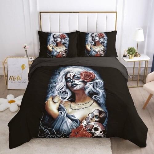 Skull Woman lady Duvet cover set 240x220 200x200 Bedding set Twin Queen King Double Bed linens Quilt cover Bedclothes White hair