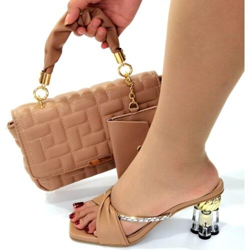 Doershow nice khaki Matching Women Shoe and Bag Set Decorated Nigerian Shoes and Bag Set Italy Shoes and Bag set HKJ1-38