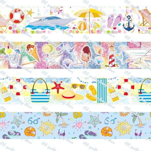 16-75mm Summer&Beach&Bikini Printed Grosgrain Ribbon/16mm Printed Elastic Foe Ribbons DIY Hair Bows Sewing Webbing 50 Yards
