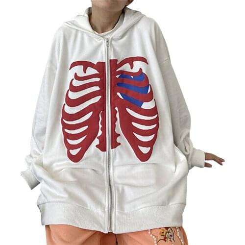 Hot Sale Women Zip Hoodies E Girl Clothes Basic Coat Y2K Full Long Sleeve Heart Skeleton Print Loose Hooded Sweatshirts