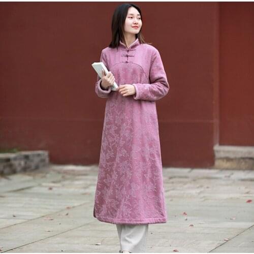 LZJN Autumn Winter Women Dress Elegant Cheongsam Jacquard Cotton Linen Robe Vintage Qipao Collar Thicken Warm Fleece Dress