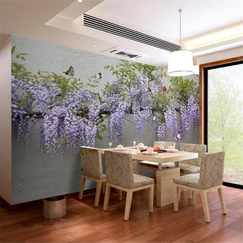 Milofi custom wallpaper mural pastoral 3D three-dimensional wisteria flower butterfly TV sofa background wall painting