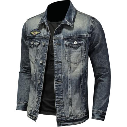 2021 Spring Retro Denim Jacket Men Free Shipping Turndown Collar Badge Long Sleeve Slim Moto Bomber Cowboy Jeans Coat Male Brand