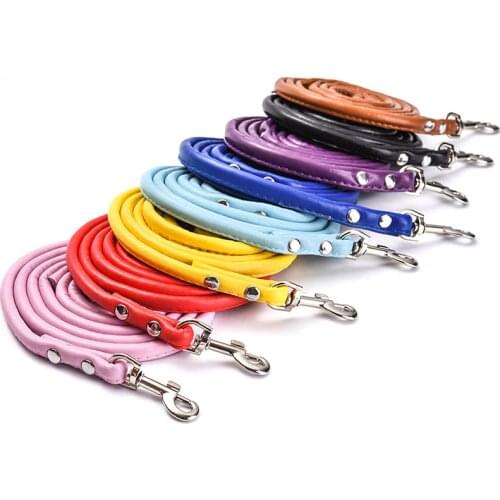 Soft Leather Puppy Dog Leash for Walking and Training 120*1.0cm PU Leather Puppy Small Dog Cat Leash Black Red Blue Yellow