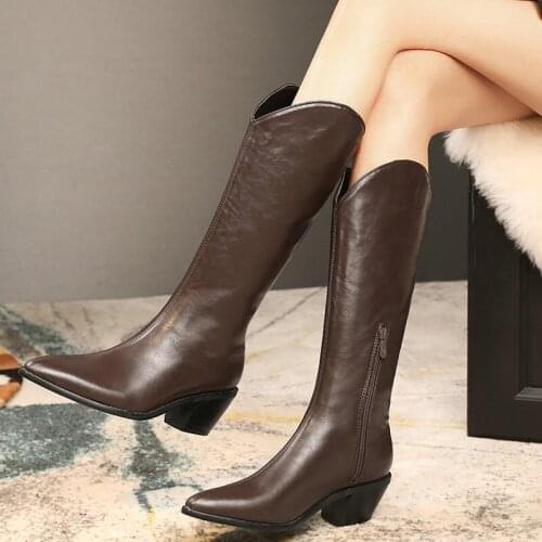 New Autumn Winter Woman Shoes Knee-High Chelsea Boots High Heels Fashion Pointed Toe PU Leather Square Heel Casual Party Boots