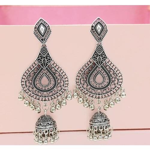 Oxidized Jhumka Gold color Big Long Tassel Bell Drop Indian Earrings for Women Afghan Egypt Gypsy Nepal Tribal Ethnic Jewelry