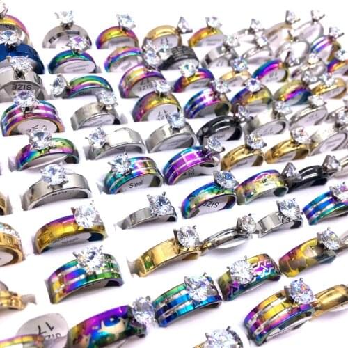 Wholesale 50PCs/Lot Womens Stainless Steel Rings Gold Silver Plated Rhinestone Zircon Stone Fashion Jewelry Wedding Bands