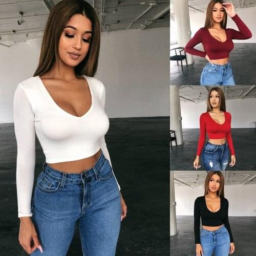 Kili Womens Sexy Deep O-Neck Solid Skinny Long Sleeve Short Shirt Crop Tops Jumper Holiday Wear Clothing