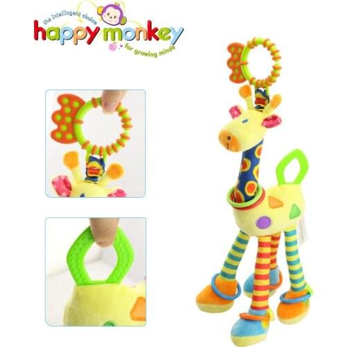 Happy Monkey Plush Infant Baby Development Soft Giraffe Animal Handbells Rattles Handle Toys Hot Selling WIth Teether Baby Toy