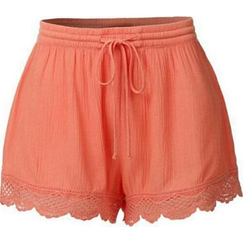 Summer Ladies Loose Shorts Solid Color Leisure Lace Stitching Drawstring Elastic Waist Wide Leg Women Casual Shorts