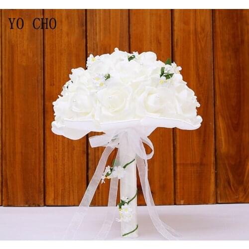 YO CHO Wedding Bridal Bouquet Foam Roses White Silk Wedding Bridesmaids Bouquets Artificial Flowers Marriage Supplies Bouquets