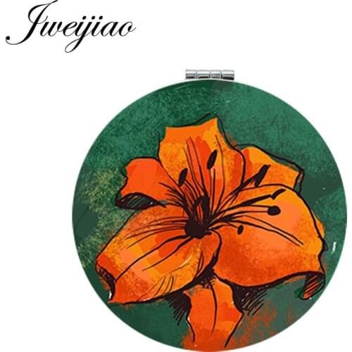 Youhaken Retro Colorful Flower Makeup Mirror Mini Round Folding Compact Art Painting Photo Print PU Leather Pocket Mirror