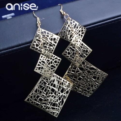 Anise Ladies Irregular Hollow Drop Earrings Women Vintage Square Geometric Earrings Exaggerated Long Earring Statement Jewelry