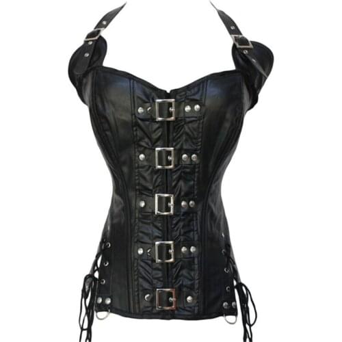 Gothic PU Leather Women Overbust Corset Brown Black Sexy Bustier Top Punk Style Lingerie Body Shaper Vest Slimming Corselet